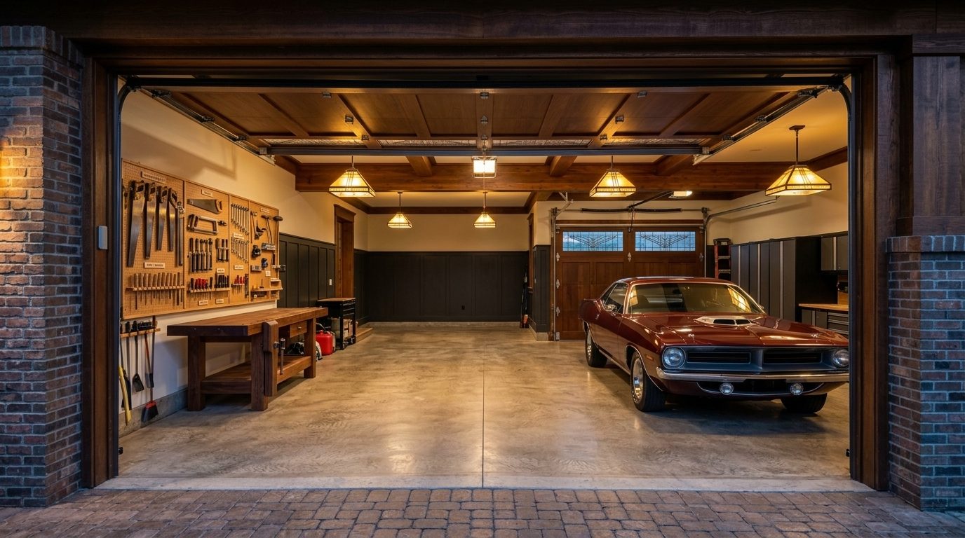 Harrington Garage Door Service Interior View of Custom Garage Door Overhead and Workshop